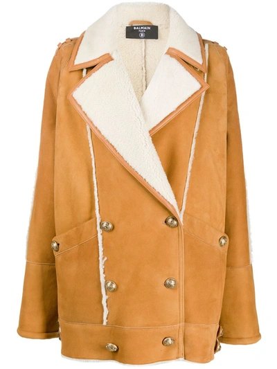 Balmain Shearling Double-breasted Short Coat In Neutrals