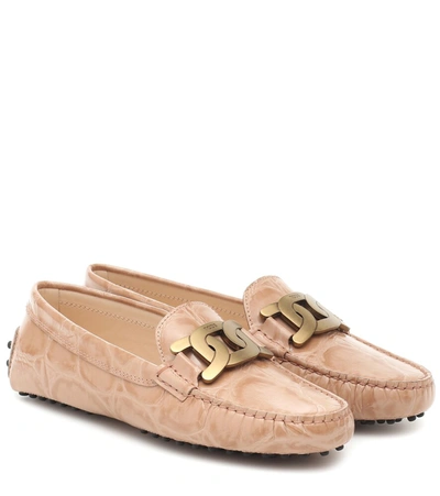 Tod's Kate Gommino Driving Croco Print Loafers In Beige