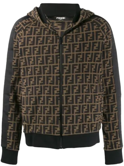 Fendi Men's Allover Ff Fleece Zip-front Hoodie In Brown