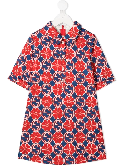 Gucci Kids' Interlocking G Floral Dress In Blue