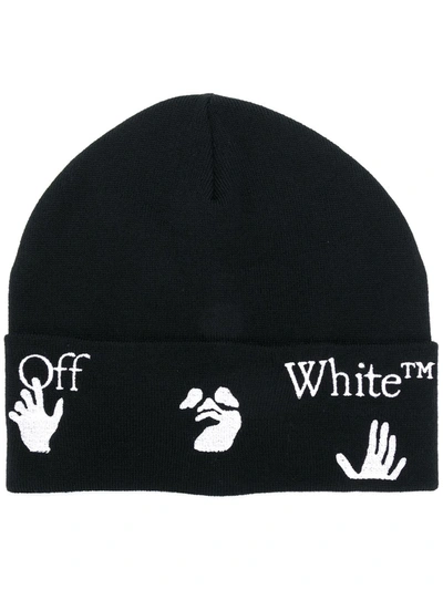 Off-white Embroidered Logo Cuff Wool Beanie In Black