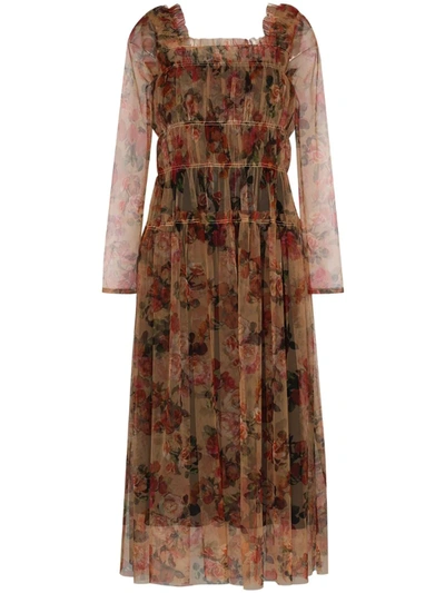 Molly Goddard Gathered Floral Print Tulle Dress In Neutrals