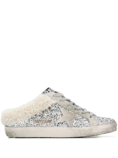 Golden Goose Sabot Shearling And Glittered Slip-on Sneakers In Silver