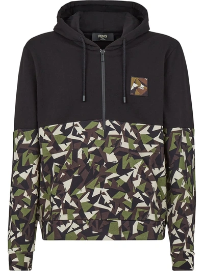 Fendi Camouflage Panelled Cotton Hoodie In Black