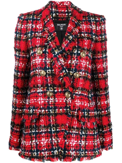Balmain Double-breasted Check Frayed Blazer In Red