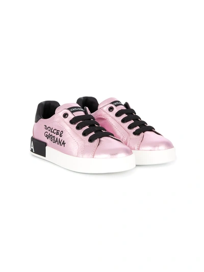 Dolce & Gabbana Kids' 金属感皮革系带运动鞋 In Pink/black