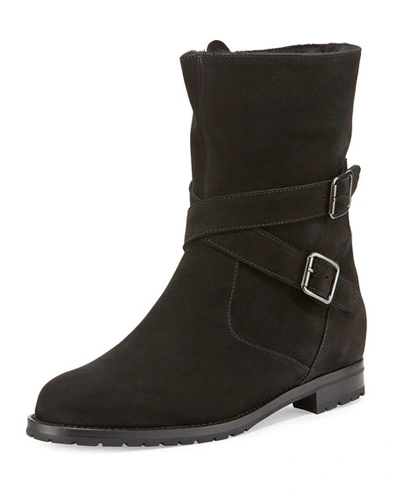 Manolo Blahnik Campocross Belted Mid-calf Boot With Shearling
