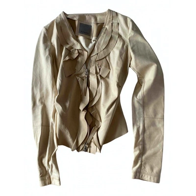 Pre-owned Pinko Leather Short Waistcoat In Beige