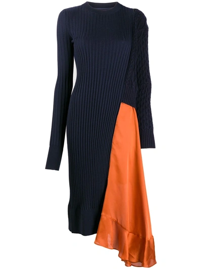 Sacai Asymmetric Paneled Ribbed And Cable-knit Wool And Satin Dress In Navy