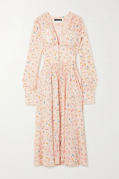 Rotate Birger Christensen Tracy Ruched Floral-print Jacquard Midi Dress In Peach