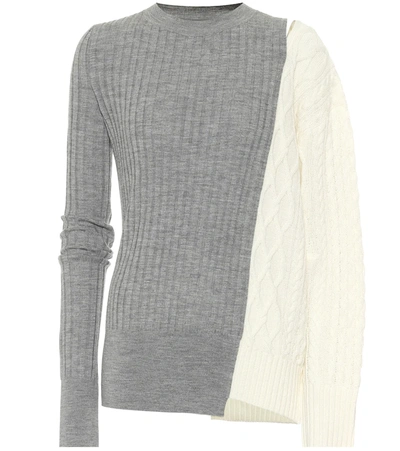 Sacai Cutout Paneled Ribbed And Cable-knit Wool Sweater In Grey,white