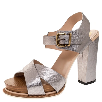 Pre-owned Tod's Silver Leather Platform Ankle Strap Sandals Size 40