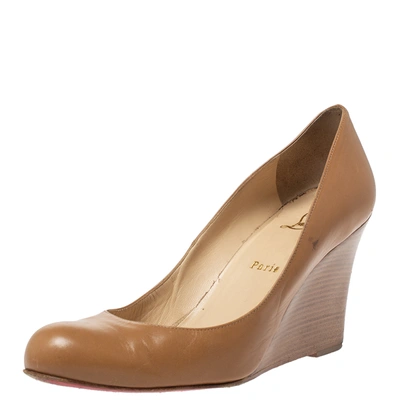 Pre-owned Christian Louboutin Tan Leather Ronron Zeppa Wedge Pumps Size 39.5