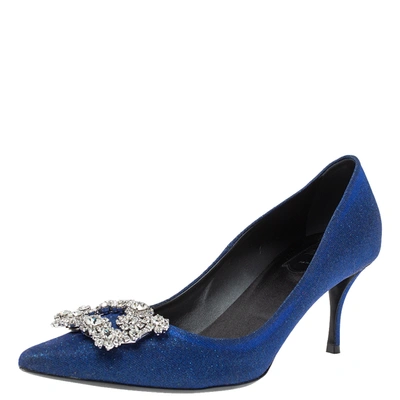 Pre-owned Roger Vivier Blue Glitter Fabric Flower Strass Crystal Embellished Pointed Toe Pumps Size 40