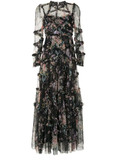 Needle & Thread Floral Print Ruffle Dress In Black