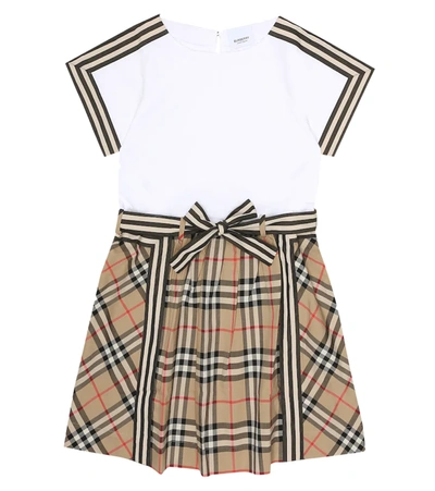 Burberry Kids' Rhonda Check & Stripe Cotton Dress In Beige