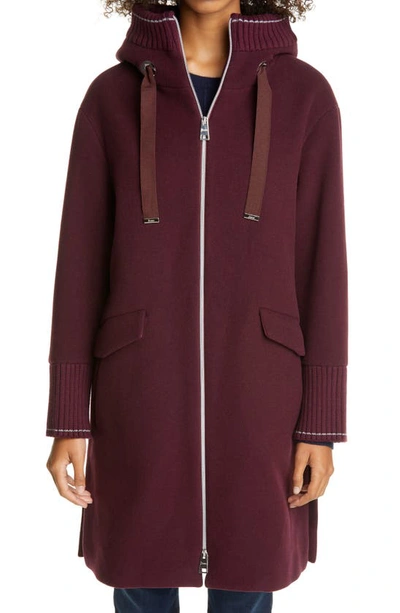 Herno Hooded Long Wool Blend Coat In Cranberry