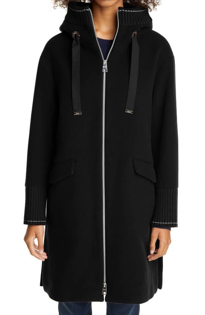 Herno Hooded Long Wool Blend Coat In Black