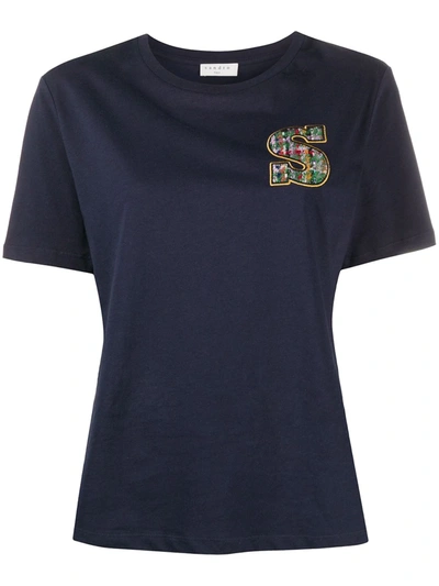 Sandro Checked Logo Patch T-shirt In Blue