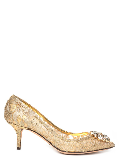 Dolce & Gabbana Yellow Taormina Lace Crystal Heels Pumps Women's Shoes