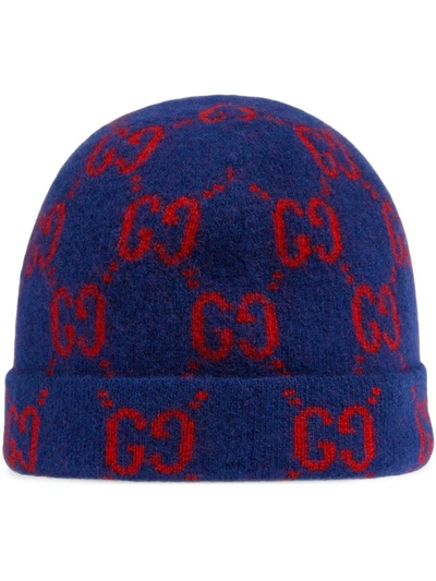 Gucci Babies' Intarsia-knit Gg Beanie Hat In Blue