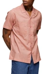 Topman Short Sleeve Linen Shirt With Revere Collar In Pink In Washed Pink