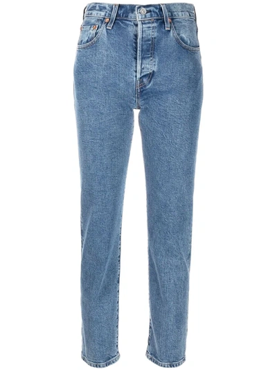 Levi's 501 Crop Jeans With Frayed Hem In Midwash Blue In Blau