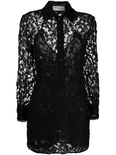 Saint Laurent Corded Lace Mini Shirt Dress In Black