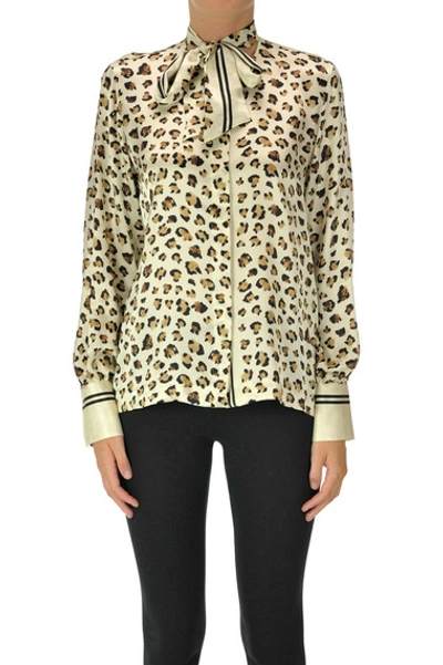 Caliban Animal Print Silk Shirt In Cream