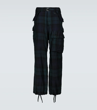 Sacai Check Shrivel Wool Cargo Trousers In Green