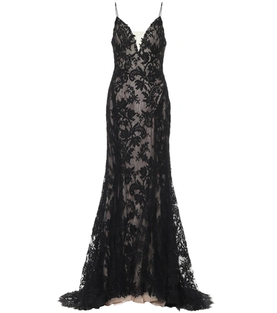 Monique Lhuillier Floral Lace Gown In Black