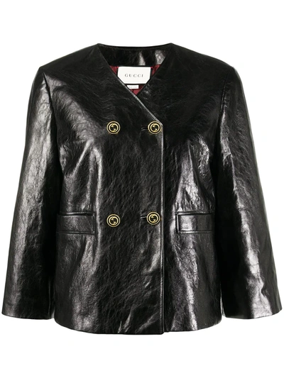 Gucci Cropped Sleeve Leather Jacket In Black