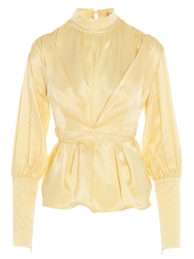 Materiel High-neck Satin Blouse With Puff Sleeves In Yellow
