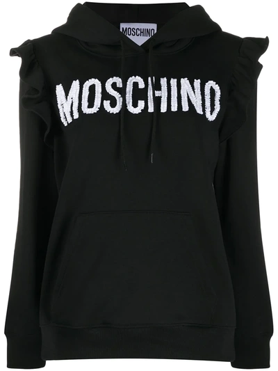 Moschino Logo-embellished Frill-trim Hoodie In Black