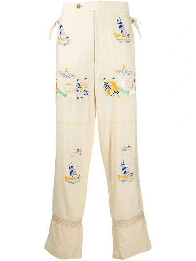 Bode Sailing Tableau Embroidered Upcycled-silk Trousers In White