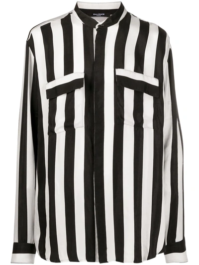 Balmain X Maluma Striped Oversized Band-collar Shirt In Noir Blanc