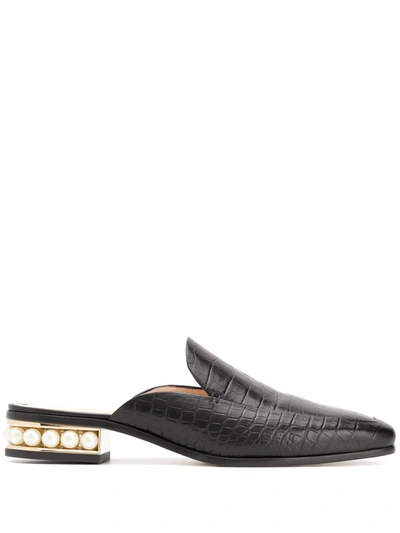 Nicholas Kirkwood Casati Pearl-heel Croc-effect Leather Loafers In Black