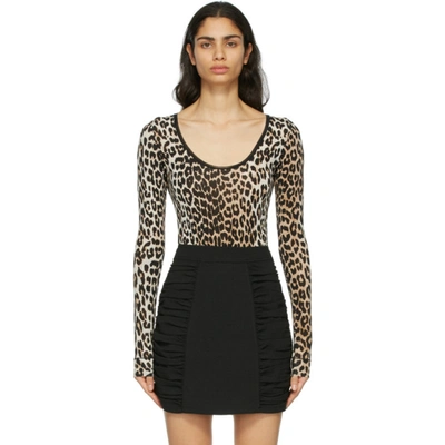 Ganni Brown & Black Leopard Bodysuit In Animalier