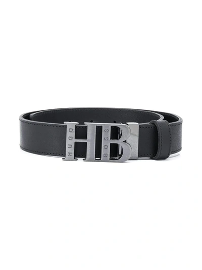Hugo Boss Kids' Logo-buckle Leather Belt In Black