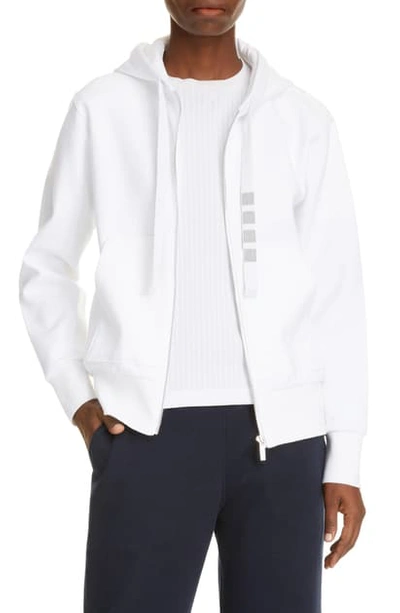 Thom Browne Bar Stripe Drawstring Zip Cotton Hoodie In White
