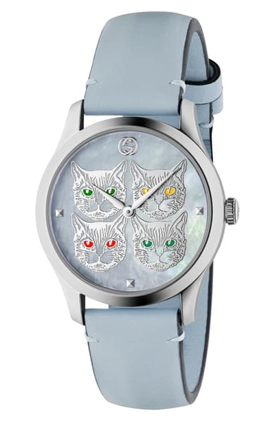 Gucci Women's G-timeless Contemporary Cats Stainless Steel & Leather Strap Watch In Blue