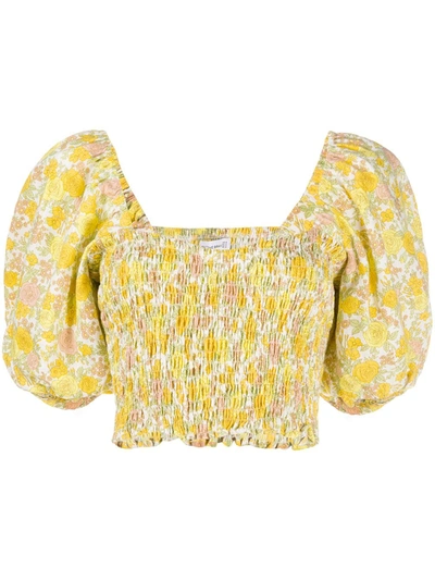Faithfull The Brand Robina Shirred Puff Sleeve Crop Top - M - Also In: Xs, Xl, S, L In Yellow