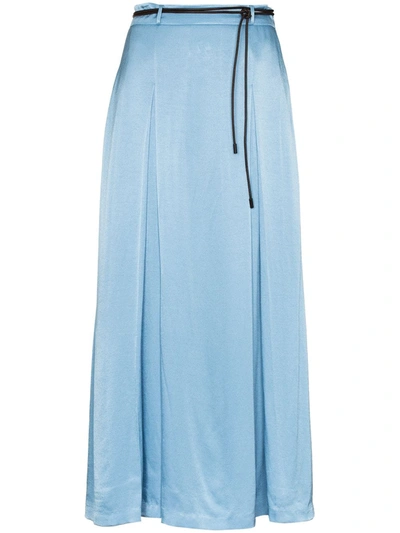 Rejina Pyo Malia Belted Pleated Satin-twill Midi Skirt In Blue