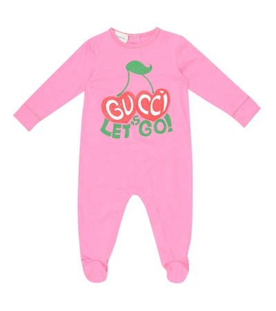 Gucci Babies' Logo Printcotton Jersey Romper In Pink