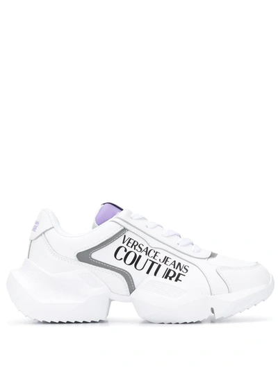 Versace Jeans Couture Sneakers In Leather And Fabric With Logo Print In White