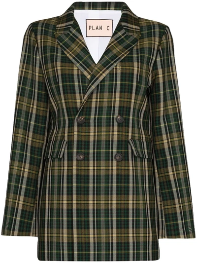 Plan C Green Double-breasted Checked Blazer