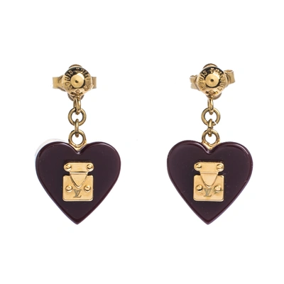 Pre-owned Louis Vuitton Pomme D'amour Lock Me Heart Drop Earrings In Burgundy