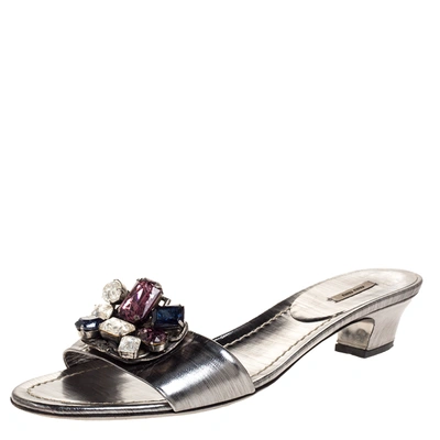 Pre-owned Miu Miu Silver Leather Crystal Embellished Slide Sandals Size 40