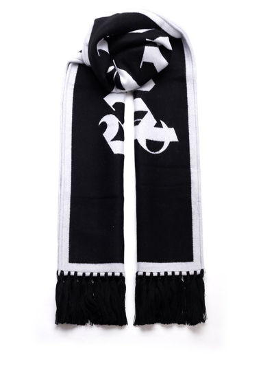 Palm Angels Black Wool Blend Macro Logo Scarf In Black Whit