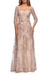 La Femme Floral Embroidered Mesh A-line Gown In Champagne